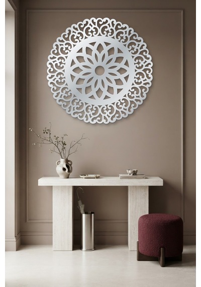 Lotus Mandala Metal Duvar Tablosu - Duvar Sanatı - Duvar Dekoru - Gümüş