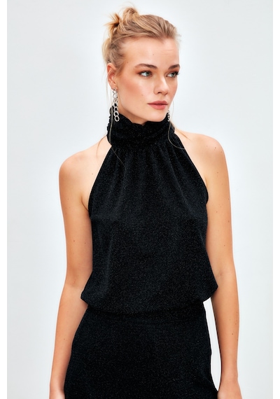 Sateen Kolsuz Parlak Bluz - Siyah