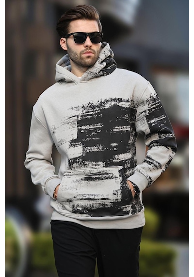 Madmext Boyalı Gri Kapüşonlu Desenli Cep Detaylı Erkek Sweatshirt 7059-boyalı Gri Boyalı Gri