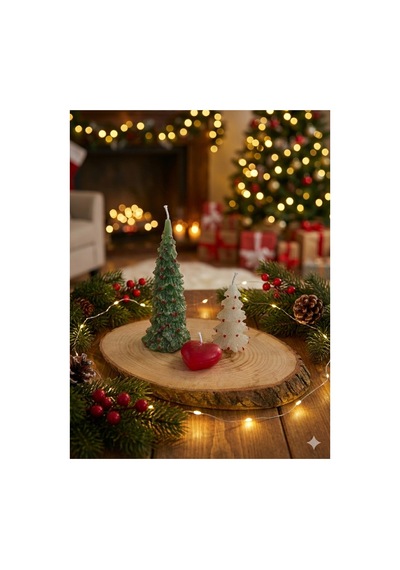 3'lü Yılbaşı Mum Seti Çam Ağacı Ve Kalp Mum Noel Konsepti Çok Renkli