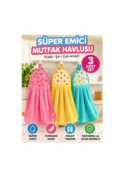 Mucit Home Mutfak Havlusu 3 Adet Süper Emici Kurutma Havlusu Asılabilir Pembe