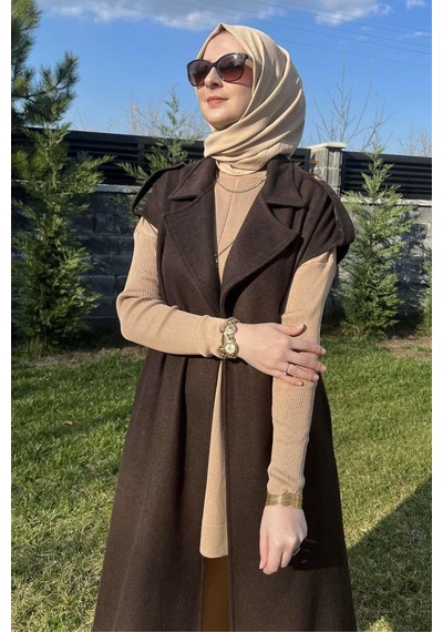 Rabia Şamlı Apoletli Acı Kahve Yelek Normal