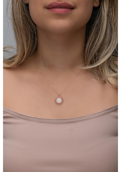 Nereze 925 Ayar Gümüş Rose Kaplama Zirkon Taşlı Güneş Model Kolye