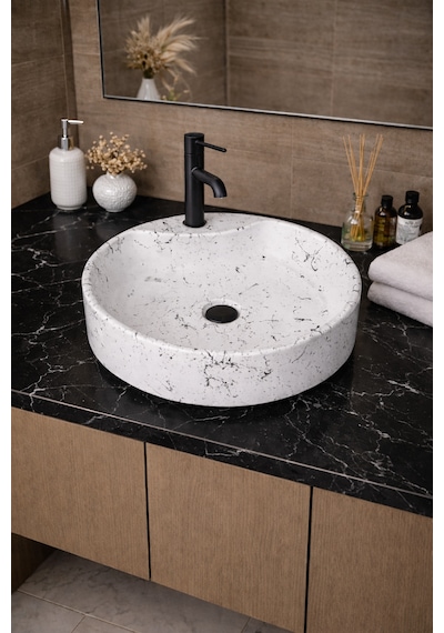 Mermer Desenli Tezgah Üstü Yuvarlak Çanak Taş Lavabo 45 Cm Musluk Delikli Beyaz