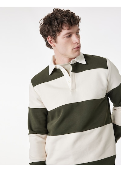 Koton Uzun Kollu Renk Bloklu Polo Yaka Sweatshirt Yeşil Çizgili 6sam70058mk Yeşil Çizgili