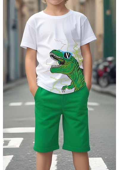 Fyk Kids Gözlüklü Dinazor Baskılı Erkek Çocuk Alt-Üst Takım - Yeşil