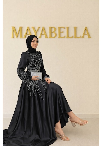 Mayabella Saten Yaprak Desenli Taş Detaylı Tesettür Abiye Siyah