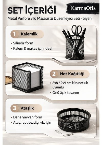 Metal File 3'lü Masaüstü Düzenleyici Seti Siyah Kalemlik Not Kağıtlığı Ataşlık Ofis Organizer Diğer