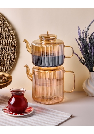 Perotti Tobby Line Amber Çizgili Borosilikat Cam Çaydanlık 1.1l + 1.75l 16803 Şeffaf