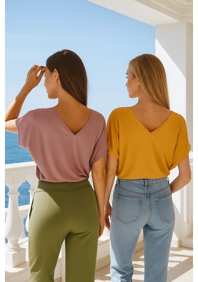 Kadın 3'lü Paket Pembe-mavi-hardal Viskon Ön Arka V Yakalı T-shirt Yarasa Kol Relaxed Bluz Çok Renkli
