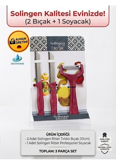 Solingen Ritter Alman Üretimi 3 Parça Mutfak Seti - 2 Adet Tırtıklı Bıçak 10 Cm + 1 Adet Soyacak Mor - Pembe