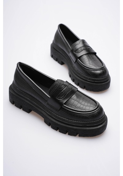 Kadın Deri Loafer Oxford Krokodil Desenli Kalın Comfort Tabanlı Siyah Carmin Siyah