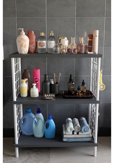 3 Raflı Çevir Tak Beyaz Telli Metal Gövdeli Çok Amaçlı Banyo Rafı Ve Organizer Raf Banyo Dolabı Antrasit