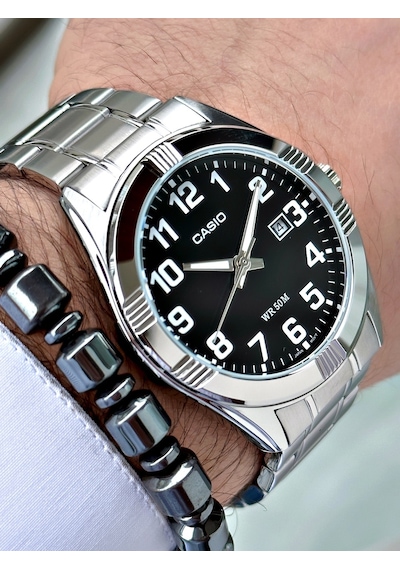 Casio Gümüş Renk Siyah Kadran Bronz İndeks   Çelik Kordon Erkek Kol Saati + Bileklik Hediyeli Nda100