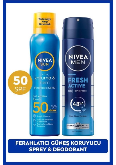 Sun Spf50 Güneş Koruyucu Ferahlatıcı Sprey 200ml Ve Erkek Sprey Deodorant Fresh Active 150ml
