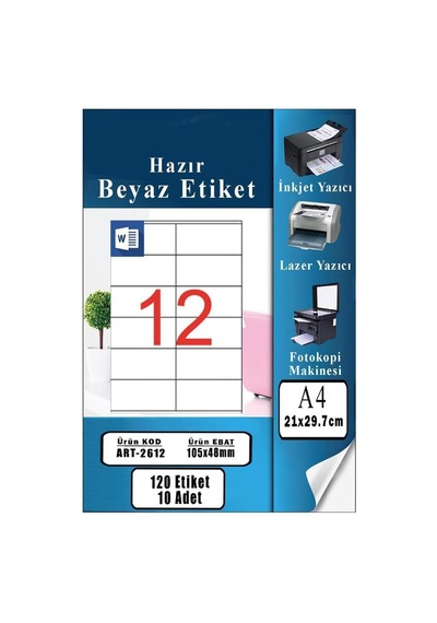 A4 Hazır Etiket 105x48 Mm 10 Sayfa 1 Paket 12 Li Kendinden Yapışkanlı Fotokopi Lazer İnkjet Kağ