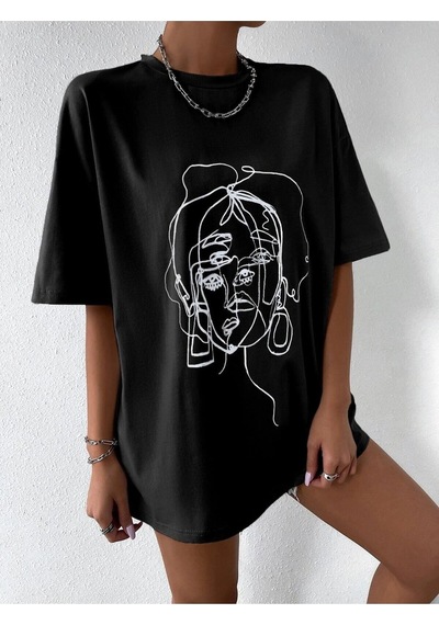 Flood Of Style Kadın Çizgili Figür Oversize Siyah T-shirt