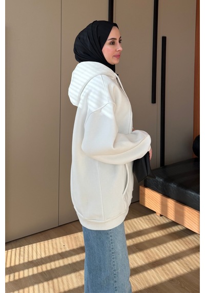 Balenbi Kadın 3 İplik İçi Polarlı Kapüşonlu Tesettür Basic Sweat Hırka 395 Ekru
