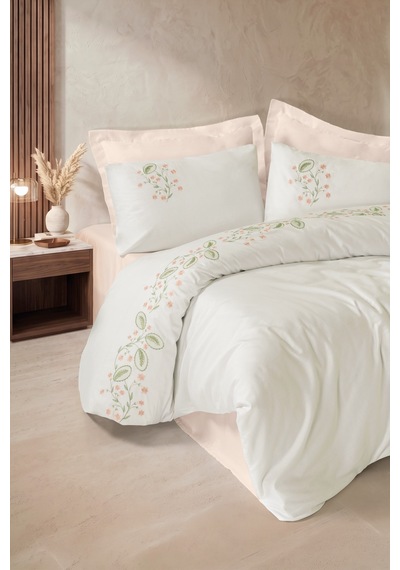 Cotton Box Nakışlı Saten Çift Kişilik Nevresim Takımı Fleurine Somon