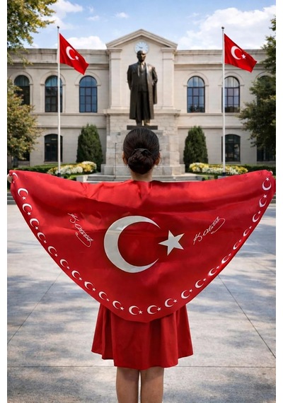 Tarzını Seç Ayyıldız Atatürk İmzalı Türk Bayraklı Pelerin Gösteri Kostümü 145x73cm Çok Renkli