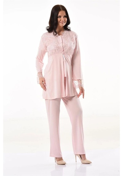 Xses 4300 Kadın Hamile Lohusa Sabahlıklı Pijama Takım-pudra