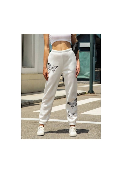 Tarzsokak Butterfly Print Elastic Waist 4 Mevsim Eşofman Beyaz
