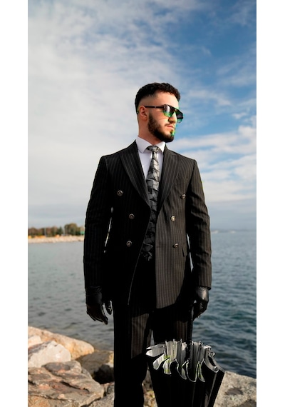 Dupont Classics Dupont Erkek Slim Fit 6 Drop Çizgili Kruvaze Viskon Çift Yırtmaç Takım Elbise Siyah
