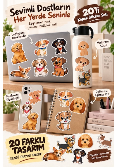 20'li Sevimli Köpek Sticker Seti Köpek Çıkartma Seti Laptop, Telefon, Defter Ve Su Şişesi Sticker Çok Renkli