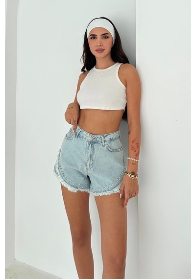 Püskül Taş Detaylı Denim Şort Mavi
