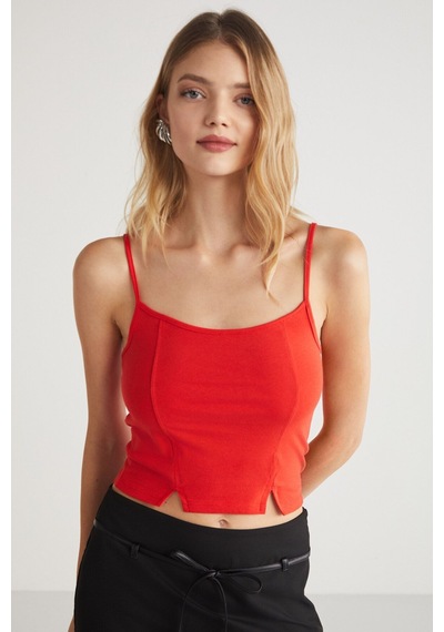 Ethıquet Mıkela Kadın Viskon Askılı Yırtmaçlı Vücüdu Saran Crop Kırmızı Body