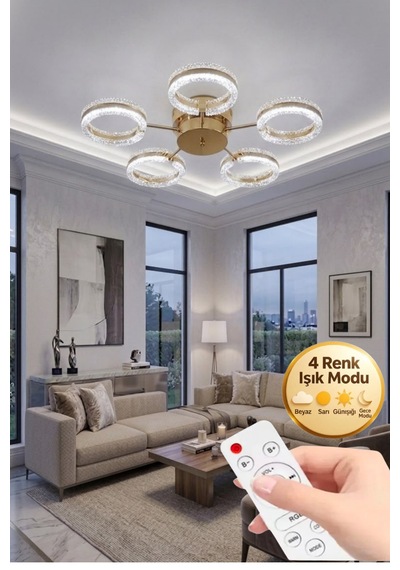 LumiaLighting Aurea Model Gold Kumandalı 5"li Ledli 3 Renk Modu Kristal Salon Mutfak Yatak Çocuk Odası Avize