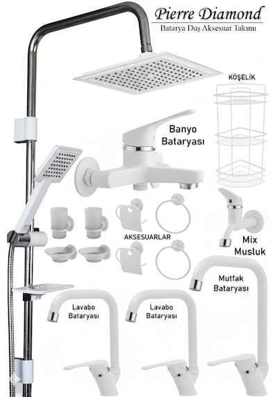 8962 Mutfak Lavabo Banyo Bataryası Robot Duş Takımı Köşe Borulu Musluk Armatür Siyah Beyaz Krom Renkler Beyaz - Krom
