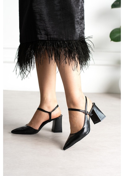 Dabab Shoes Tamara Kadın Siyah Yılan Desenli Sivri Burun Bilekten Bantlı 7 Cm Kalın Topuklu Slingback Ayakkabı