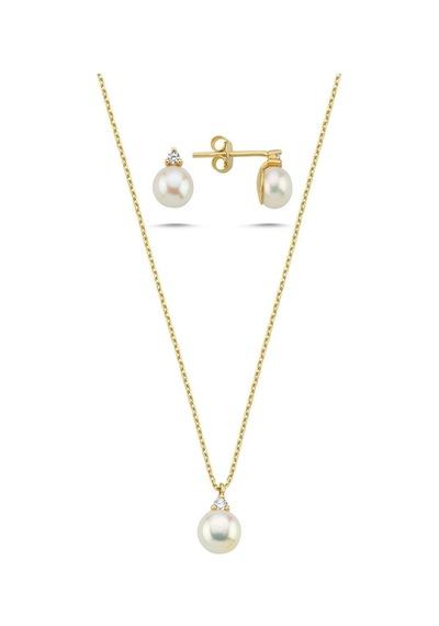 8,5 Mm Doğal İnci 2,28 Karat Pırlantalı Küpe Kolye İkili Set 50 Cm / Rose Gümüş