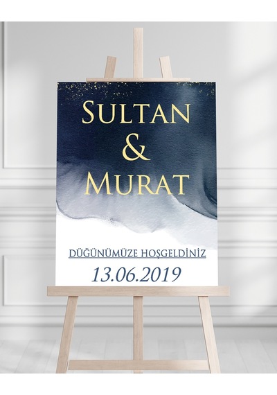 Söz Nişan Düğün İçin 50x70 Karşılama Panosu - Mavi Desenli 001 Beyaz