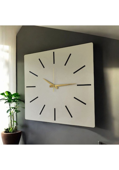 Kare Ahşap Beyaz Renk Sade Sayılı Hediyelik Sessiz Duvar Saati 50cm Beyaz