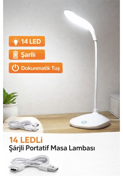 Ecuy Dokunmatik 14 Led Şarjlı Portatif Masa Lambası Usb Akrobatik Beyaz Işık 3 Mod Led Işık Beyaz