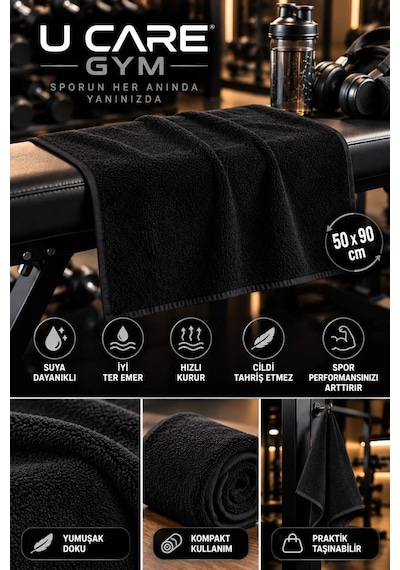 Yüksek Emici Hızlı Kuruyan Spor Salonu Havlusu Spor Havlusu %100 Organik Pamuk 50 X 90 Siyah - 945185160 Siyah