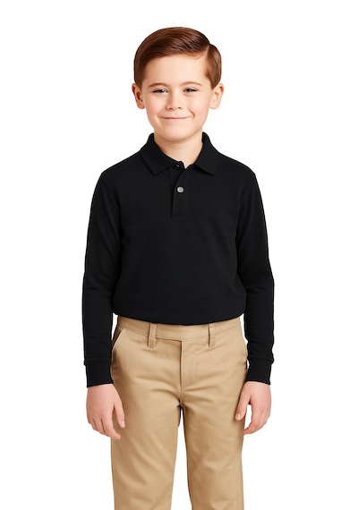 Bilge Trend Siyah Polo Yaka Uzun Kol Unisex , Çocuk Okul T-shirt Siyah