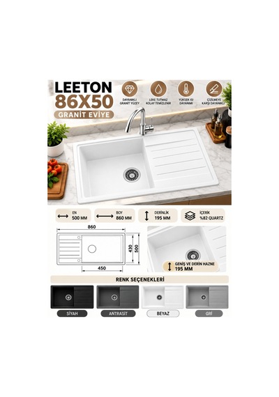 Granit Evye Leeton Series Beyaz Renk En :500mm Boy :860 Mm Derinlik :195 Mm