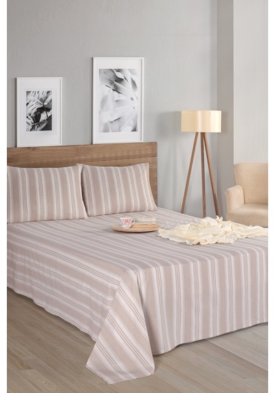 Eponj Home Sport Çizgili Çarşaf + Yastık Kılıfı Seti Tek Kişilik Soft Line Bej Bej