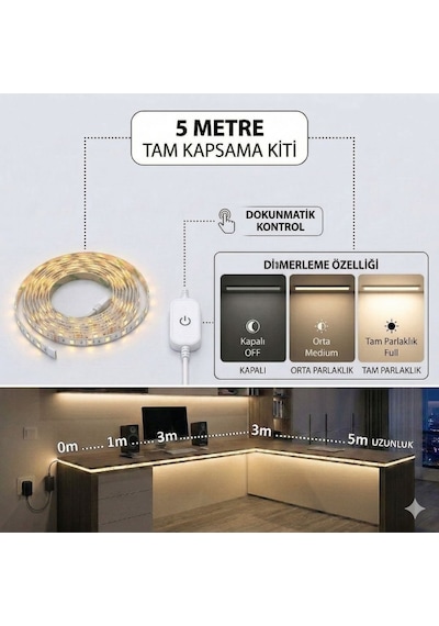 5 Metre Gün ışığı Şerit Led Işık Seti Dimmer Butonlu Ve Adaptörlü Mutfak Tezgahı, Raf Ve Tv Ünitesi Aydınlatma Gün Işığı
