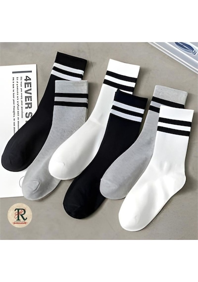 Trampler Unisex 6 Çift Çemberli Gri Siyah Beyaz Uzun Kolej Tenis Çorap Çok Renkli