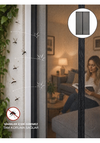 Beylini Hazır Mıknatıslı Kapı Sinekliği 120x210 Cm Cırt Bantlı Sinek Önleyici Kapı Bahçe Pencere Sinek Kovucu Siyah 120x210cm