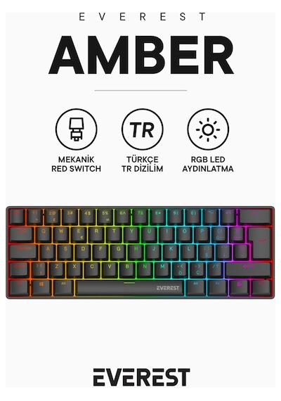 Everest Amber Siyah Type-c Bağlantılı Rgb Ledli Mekanik Gaming Oy