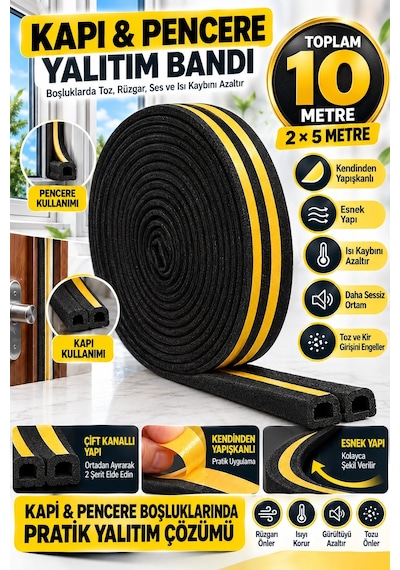 Siyah Kapı Pencere Yalıtım Bandı 10 Metre, Kendinden Yapışkanlı Çift Kanallı Pvc İzolasyon Fitili, R