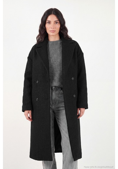 Lela Oversize Fit Mono Yaka Düğmeli Buklet Uzun Kaşe Kaban Kadın Kaban 6811997 Siyah