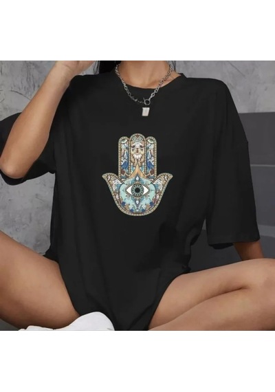 Modi Unisex Bisiklet Yaka Baskılı Oversize T-shirt - Siyah - Mymg106756