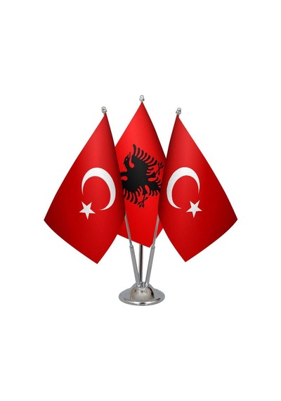Masa Üstü Arnavutluk Bayrağı Türk Bayrağı Üçlü Krom Direk Masa Ba