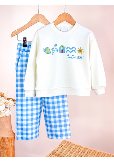 Elzo Collection Kız Çocuk Figür Desenli Ekru Sweatshirt Mavi Kareli Gabardin Denim Şardonsuz Alt Üst Takım Ekru - Mavi Elzo Collection Kız Çocuk Figür Desenli Ekru Sweatshirt Mavi Kareli Gabardin Denim Şardonsuz Alt Üst Takım Ekru - Mavi